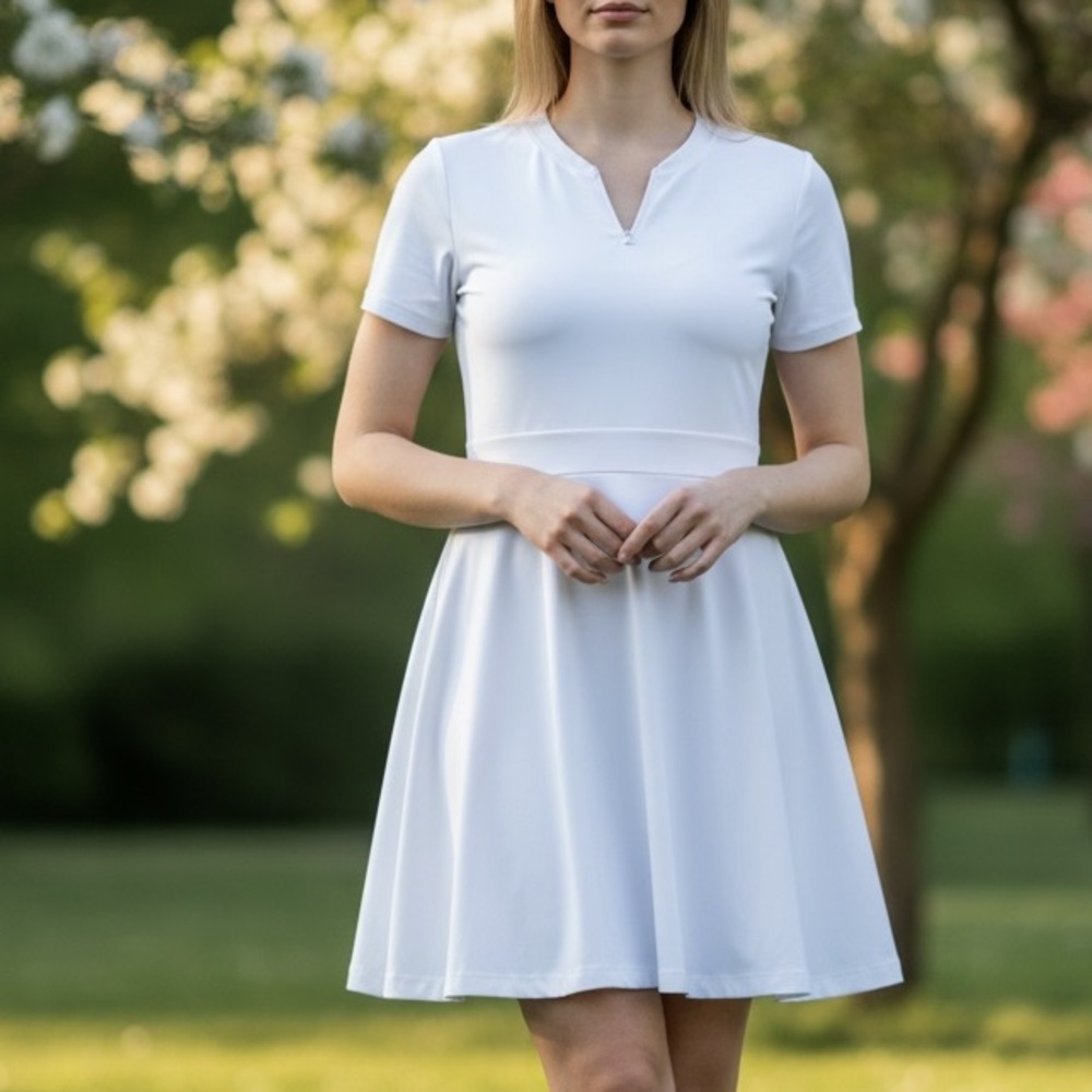 Mono B Lavender Short Sleeve with White Trim V-Notch Fit-and-Flare Mini Dress